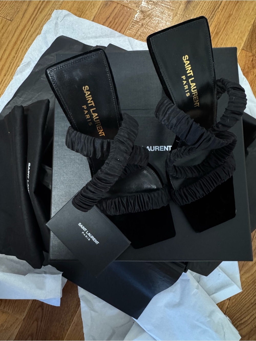 NEW Saint Laurent YSL Sin Ruched Satin Ankle Strap Sandals Black EU 38.5 US 8.5